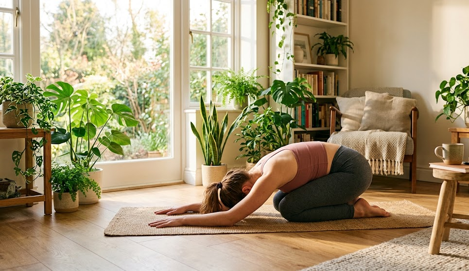 Morning stretching routine with natural light streaming through window, person doing gentle yoga poses, peaceful home interior with plants, warm and energizing atmosphere