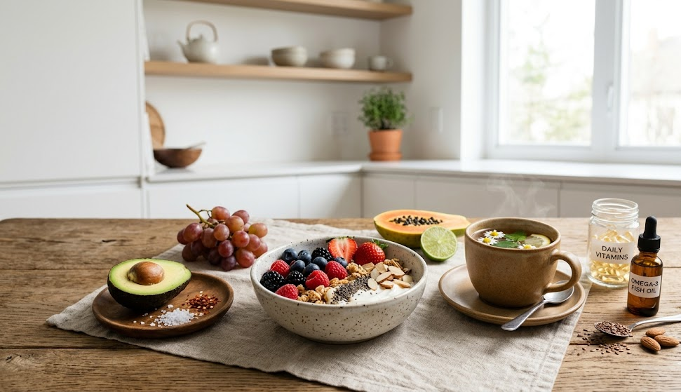 Healthy breakfast scene with fresh fruits, herbal tea, natural supplements on wooden table, soft morning light, minimalist clean kitchen background